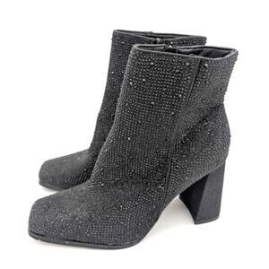 Chase & Chloe Block Heel Bootie Women's Black Glitter Rhinestone Size US8 EU39